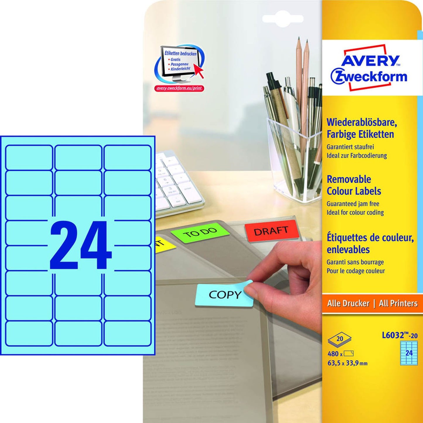 AVERY Zweckform Etiketten blau 63,5 x 33,9 mm | L6032-20 | 1 Pack = 20 Blatt
