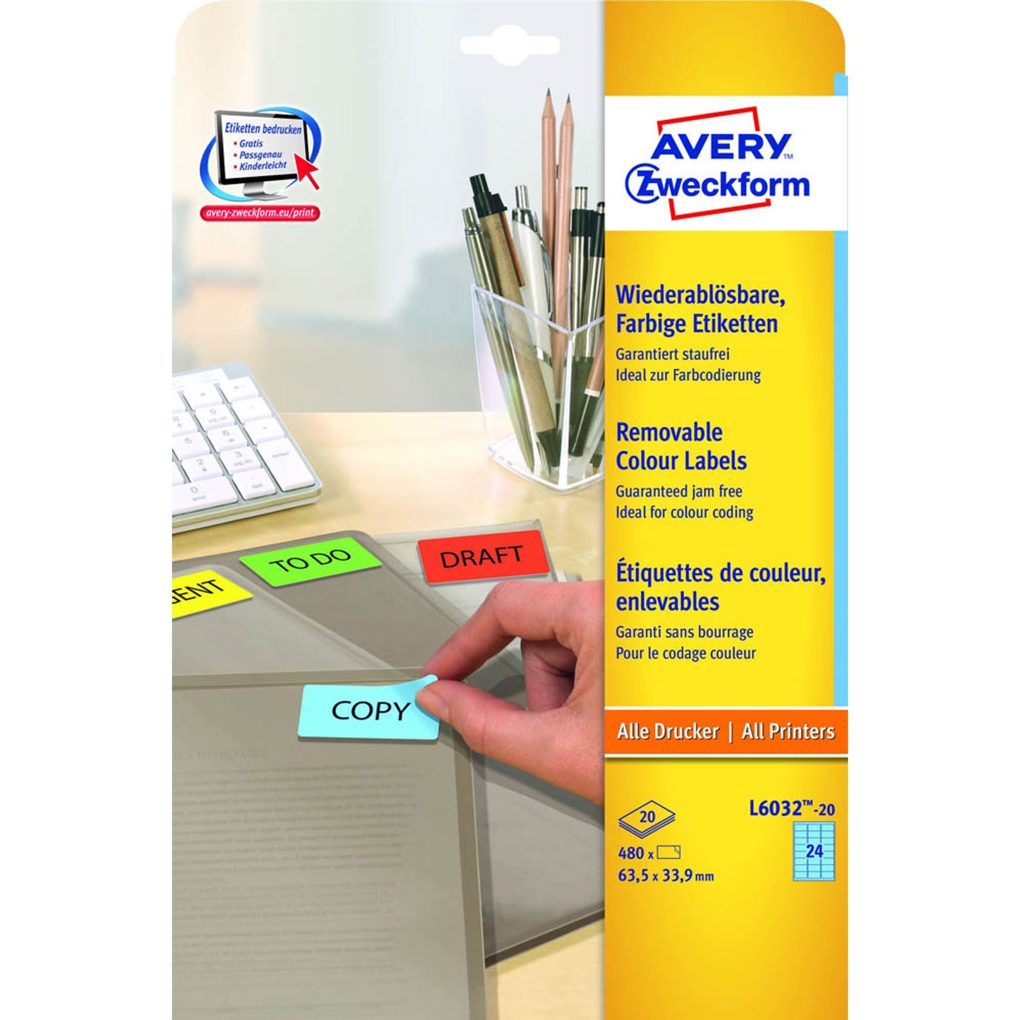 AVERY Zweckform Etiketten blau 63,5 x 33,9 mm | L6032-20 | 1 Pack = 20 Blatt