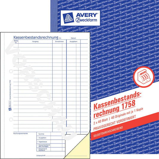 AVERY Zweckform Kassenbericht/Bestandsrechnung Formularbuch | 1758