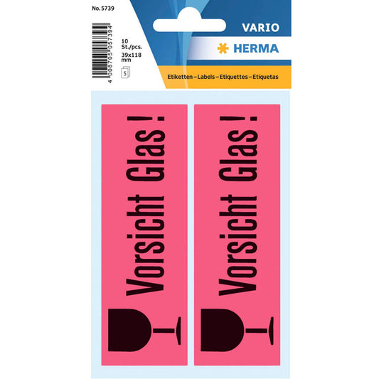 HERMA Warnetiketten rot »Vorsicht Glas!« 39,0 x 118,0 mm | 5739 | 1 Pack = 10 Etiketten
