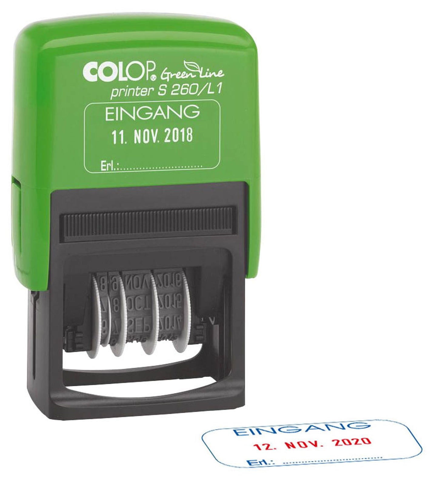COLOP Datumstempel mit Text Green Line Printer 260/L selbstfärbend blau rot