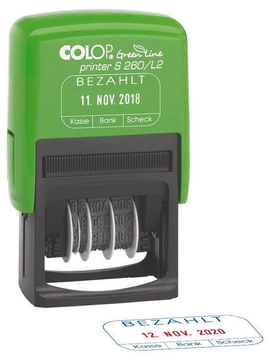 COLOP Datumstempel mit Text Green Line Printer 260/L selbstfärbend blau rot