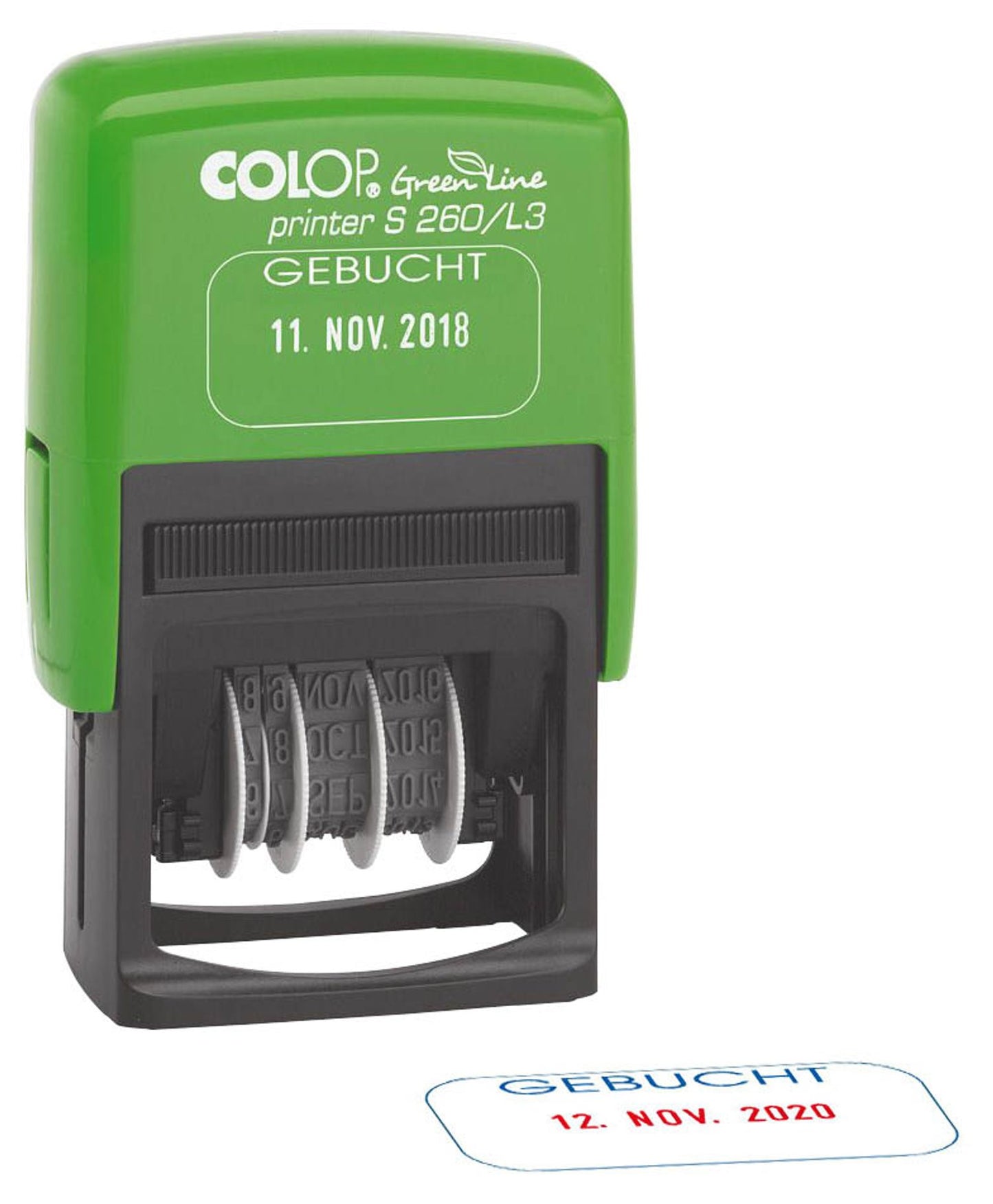 COLOP Datumstempel mit Text Green Line Printer 260/L selbstfärbend blau rot