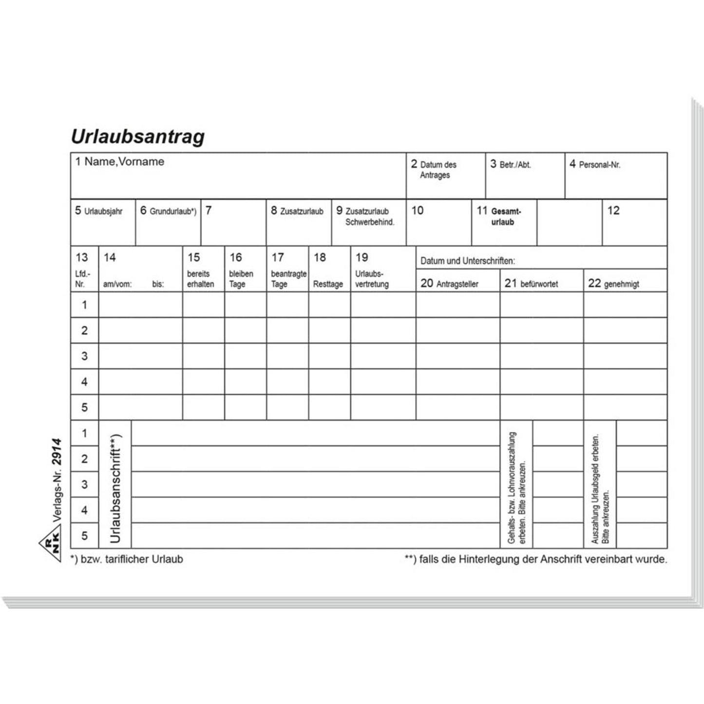 RNK-Verlag Urlaubsabwesenheitsmeldung Formularbücher | 2914
