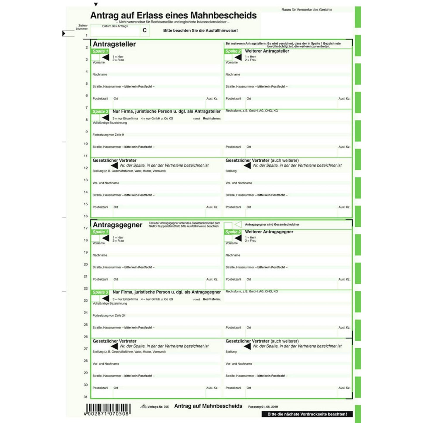 RNK-Verlag Mahnbescheide für maschinelle Bearbeitung Formulare | 705/10 | 1 Pack = 10 St.