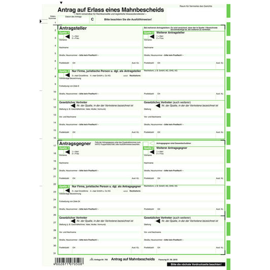 RNK-Verlag Mahnbescheide für maschinelle Bearbeitung Formulare | 705/10 | 1 Pack = 10 St.