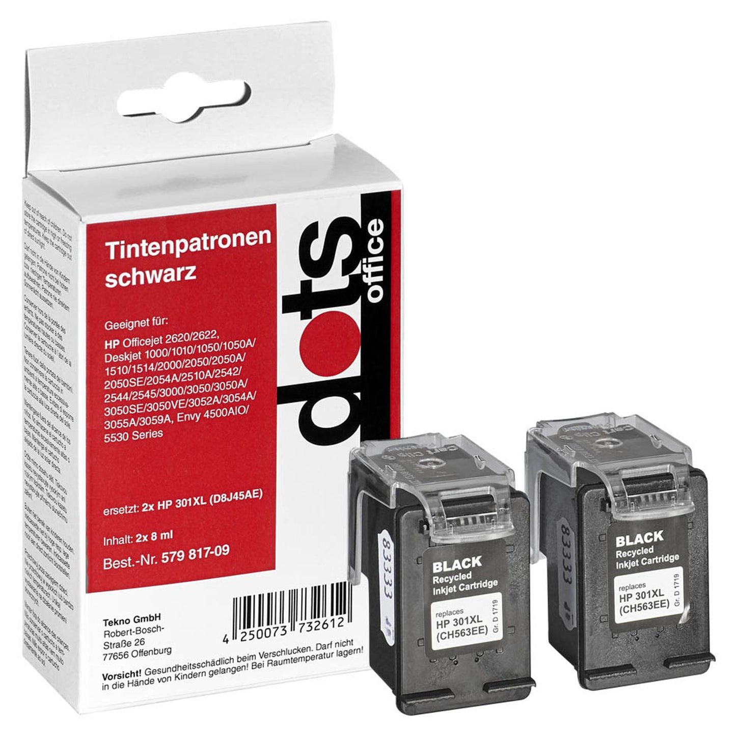 dots schwarz Druckerpatronen kompatibel zu HP 301XL (D8J45AE), 2er-Set | 1719,4021-DOTS | 1 Pack = 2 St.