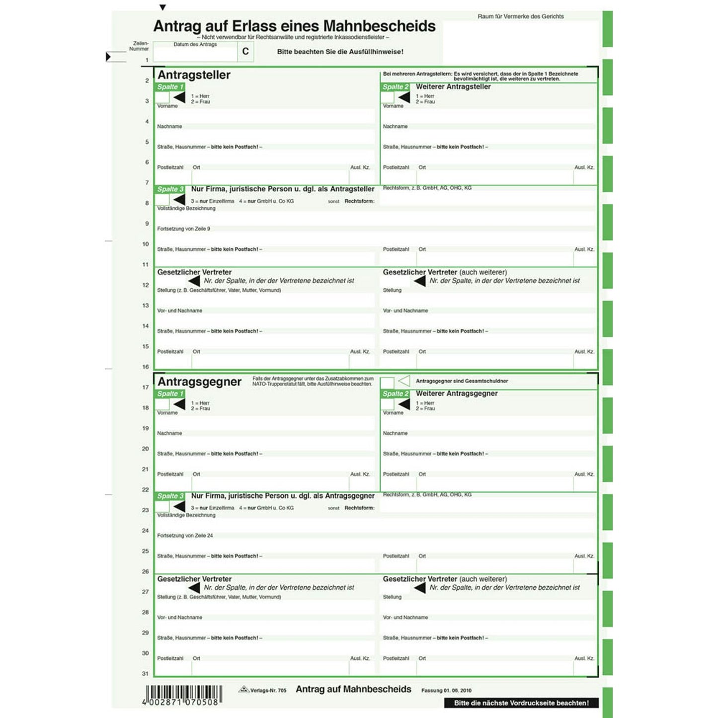 RNK-Verlag Mahnbescheid für maschinelle Bearbeitung Formulare | 705 | 1 Pack = 25 St.