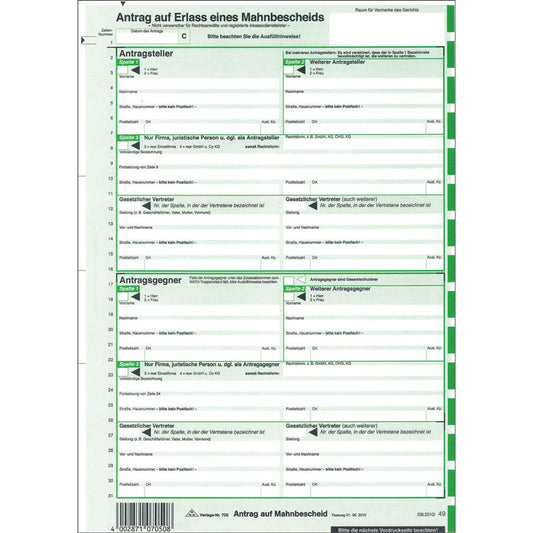 RNK-Verlag Mahnbescheid für maschinelle Bearbeitung Formulare | 705L | 1 Pack = 100 St.