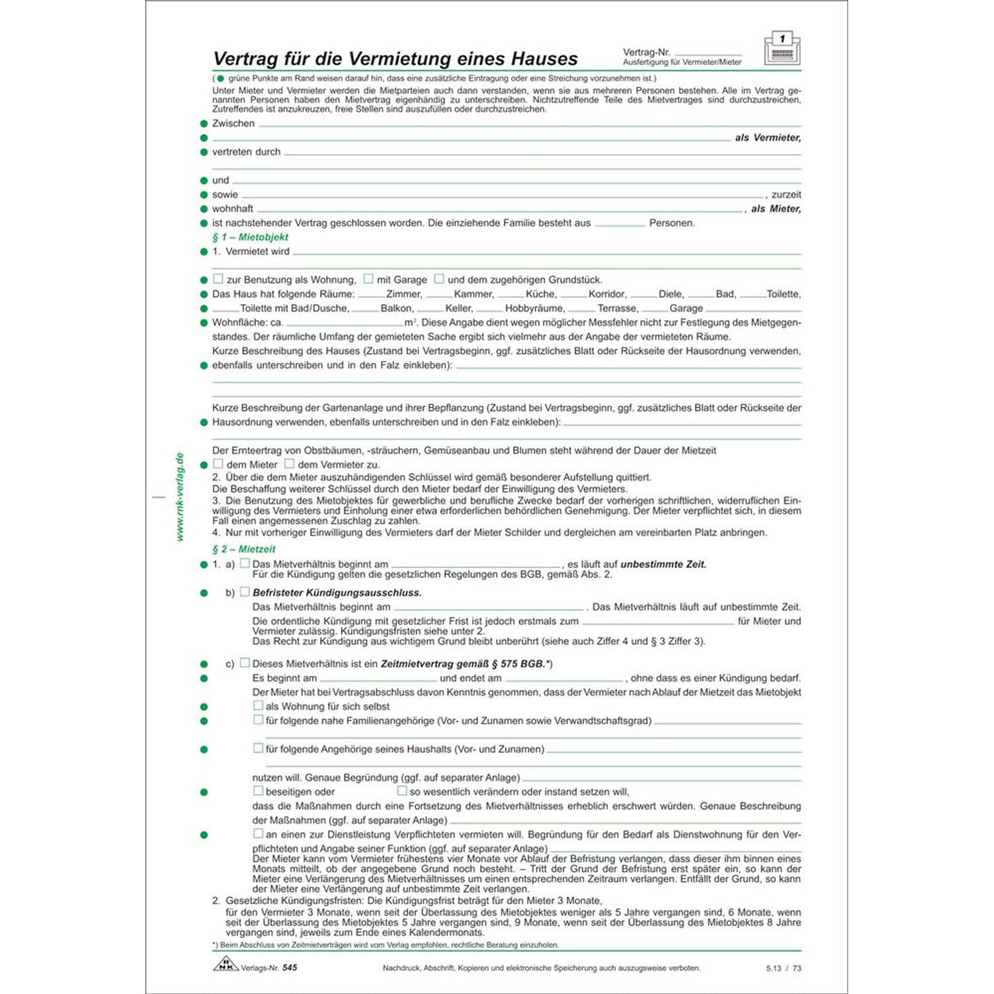 RNK-Verlag Mietverträge für Häuser | 545 | 1 Pack = 50 St.