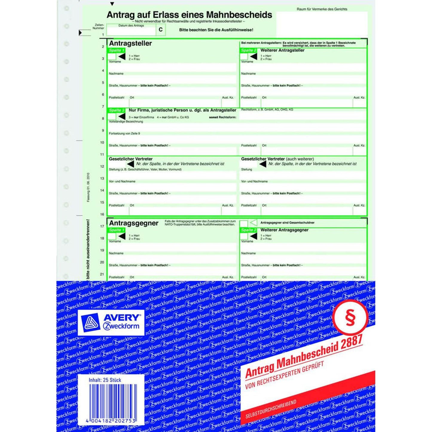 AVERY Zweckform Mahnbescheid für maschinelle Bearbeitung Formulare | 2887 | 1 Pack = 25 Set