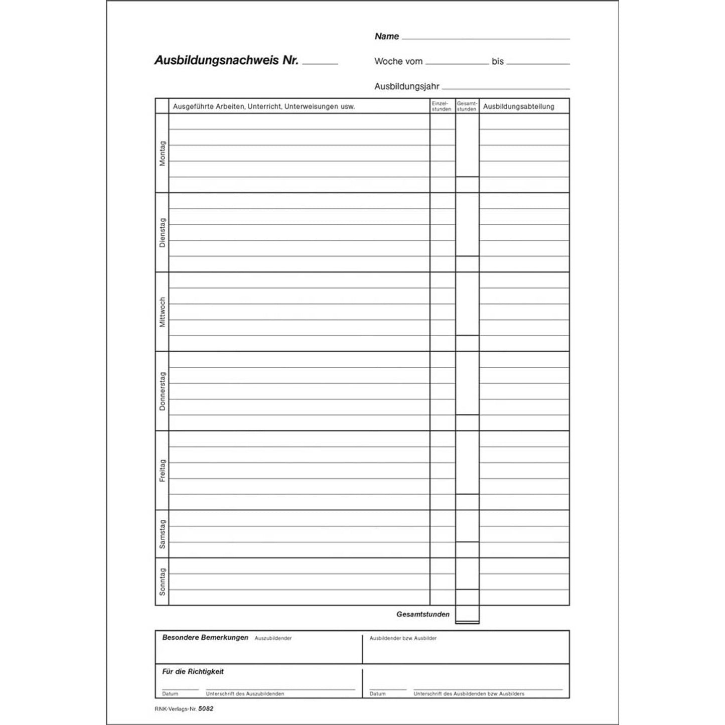 RNK-Verlag Ausbildungsnachweis, tägliche Eintragungen Formularbuch | 5082