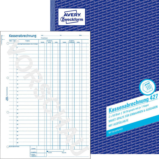 AVERY Zweckform Kassenabrechnung mit MwSt.-Spalte für Einnahmen und Ausgaben Formularbuch | 427