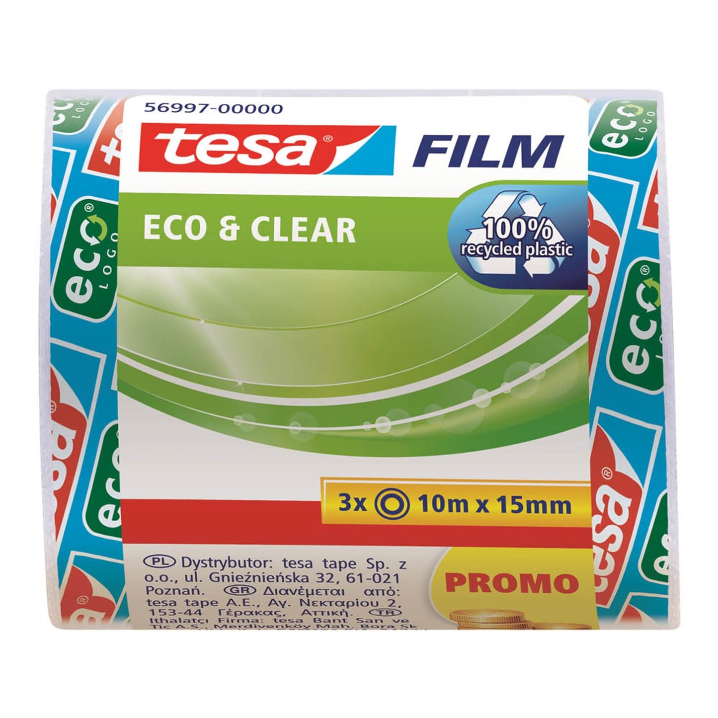 tesa ECO & CLEAR Klebefilm transparent 15,0 mm x 10,0 m | 56997-00000-01 | 1 Pack = 3 Rollen