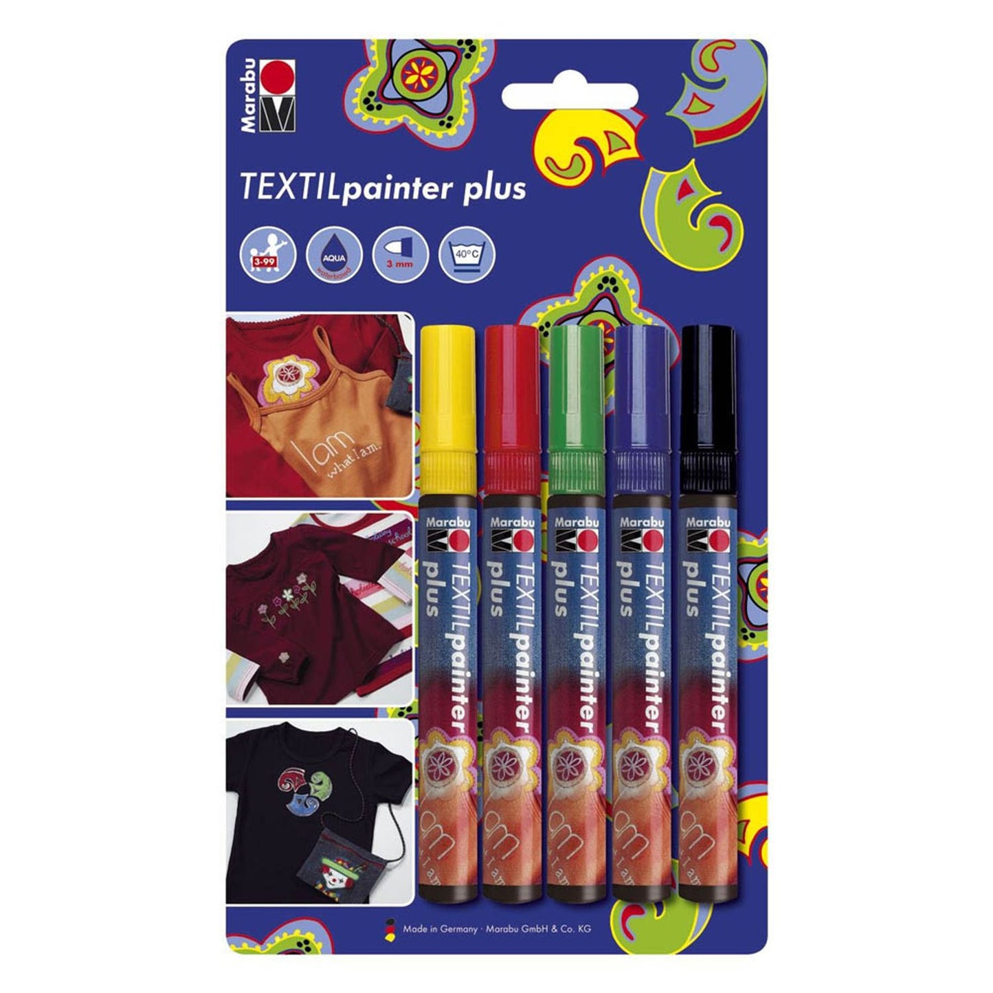 Marabu Textilmarker farbsortiert 1,0 - 3,0 mm | 01180 000 00080 | 1 Pack = 5 St.