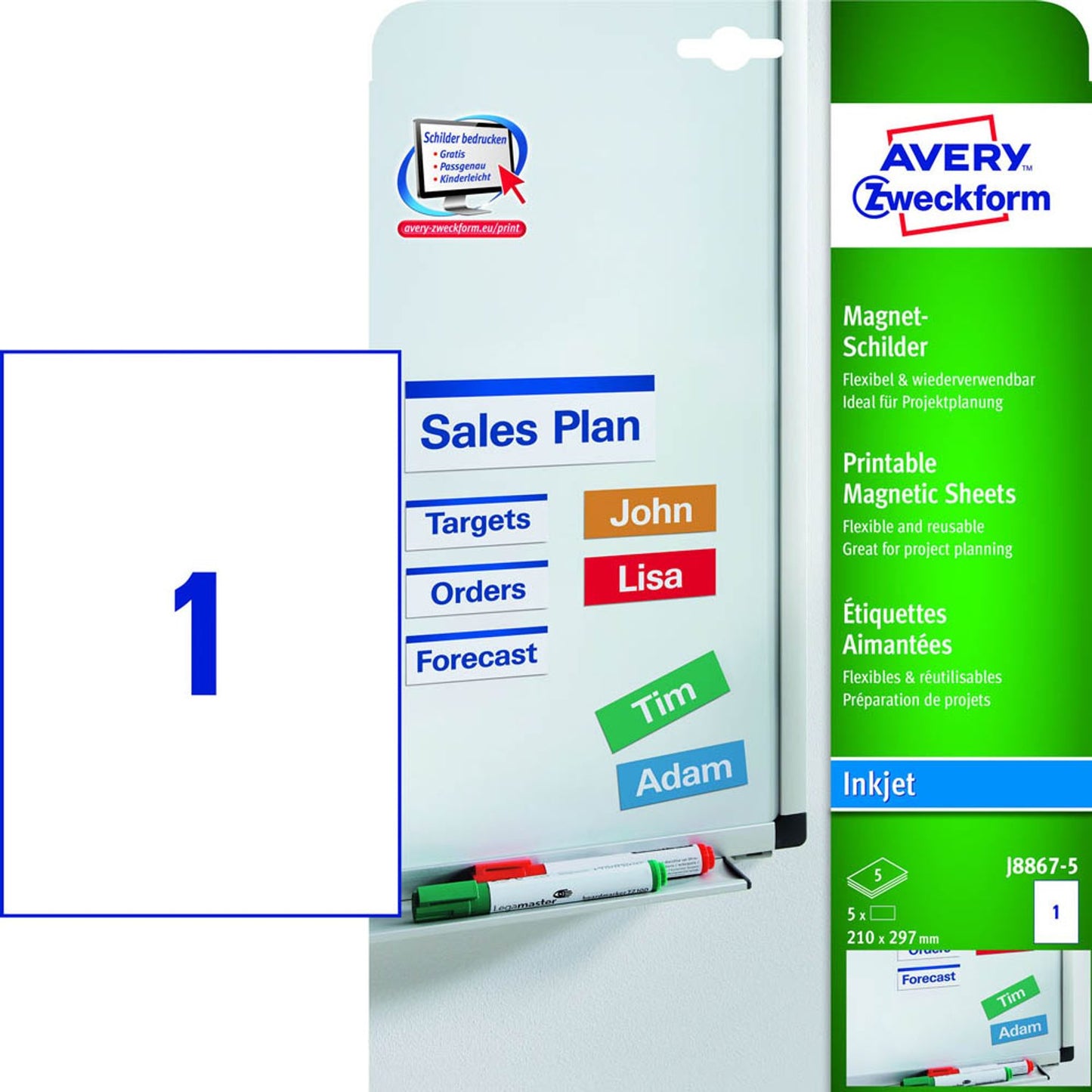 AVERY Zweckform Magnetschilder weiß 21,0 x 29,7 cm | J8867-5 | 1 Pack = 5 St.