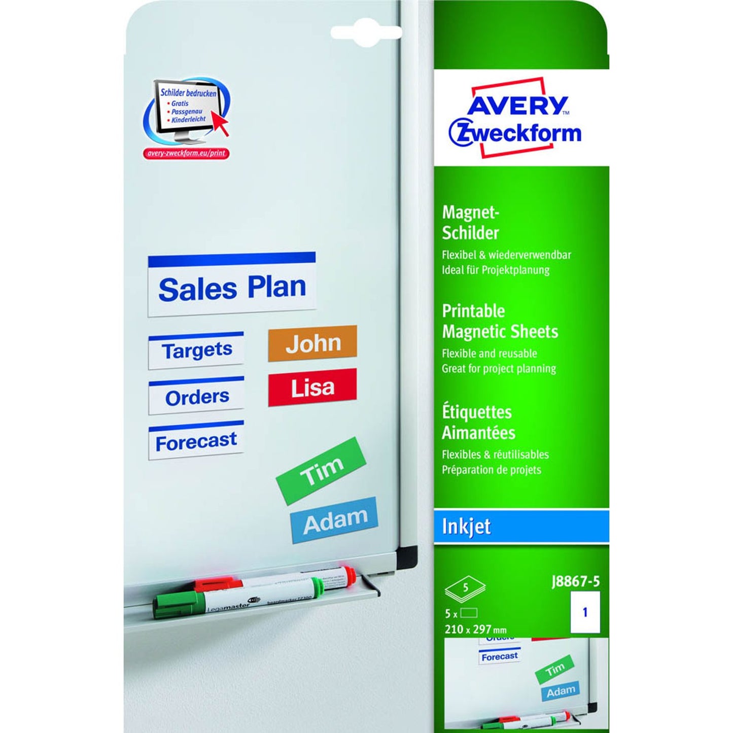 AVERY Zweckform Magnetschilder weiß 21,0 x 29,7 cm | J8867-5 | 1 Pack = 5 St.