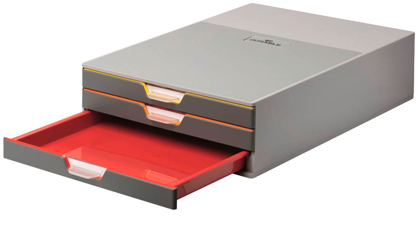 DURABLE Schubladenbox VARICOLOR®  dunkelgrau mit bunten Farblinien, DIN C4,