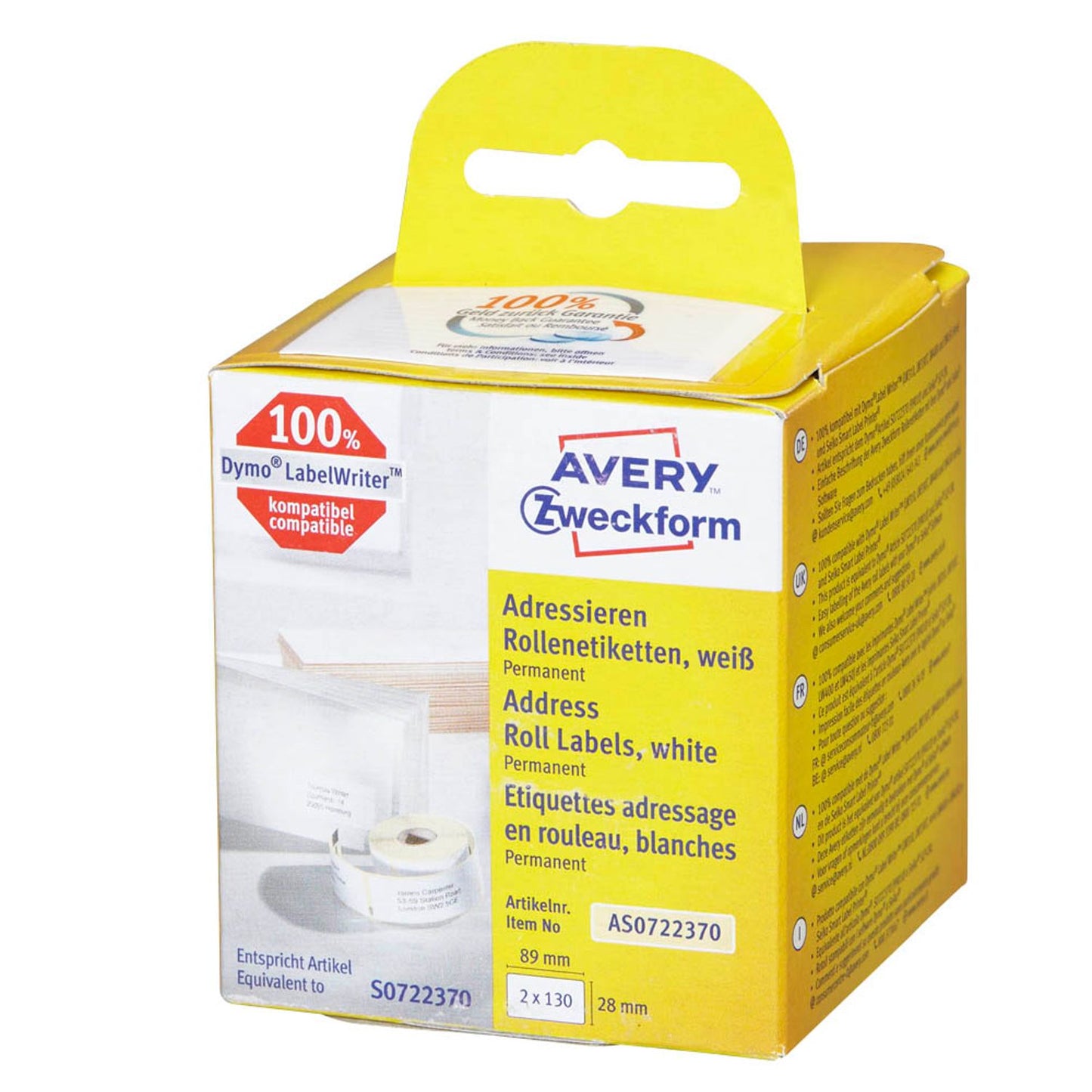 AVERY Zweckform Etikettenrollen für Etikettendrucker weiß, 89,0 x 28,0 mm, 2 x 130 Etiketten | AS0722370 | 1 Pack = 2x 130 Etiketten