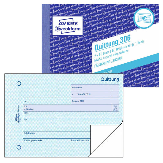 AVERY Zweckform Quittung, MwSt. separat ausgewiesen Formularbuch | 306