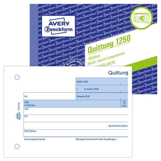AVERY Zweckform Quittung, MwSt. separat ausgewiesen Formularbuch | 1250