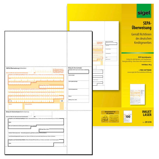 SIGEL SEPA-Überweisungsschein/-Zahlschein Bankformulare | ZV570 | 1 Pack = 100 Blatt