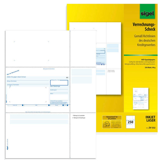 SIGEL SEPA-Verrechnungsscheck Bankformulare | ZV532 | 1 Pack = 250 Blatt