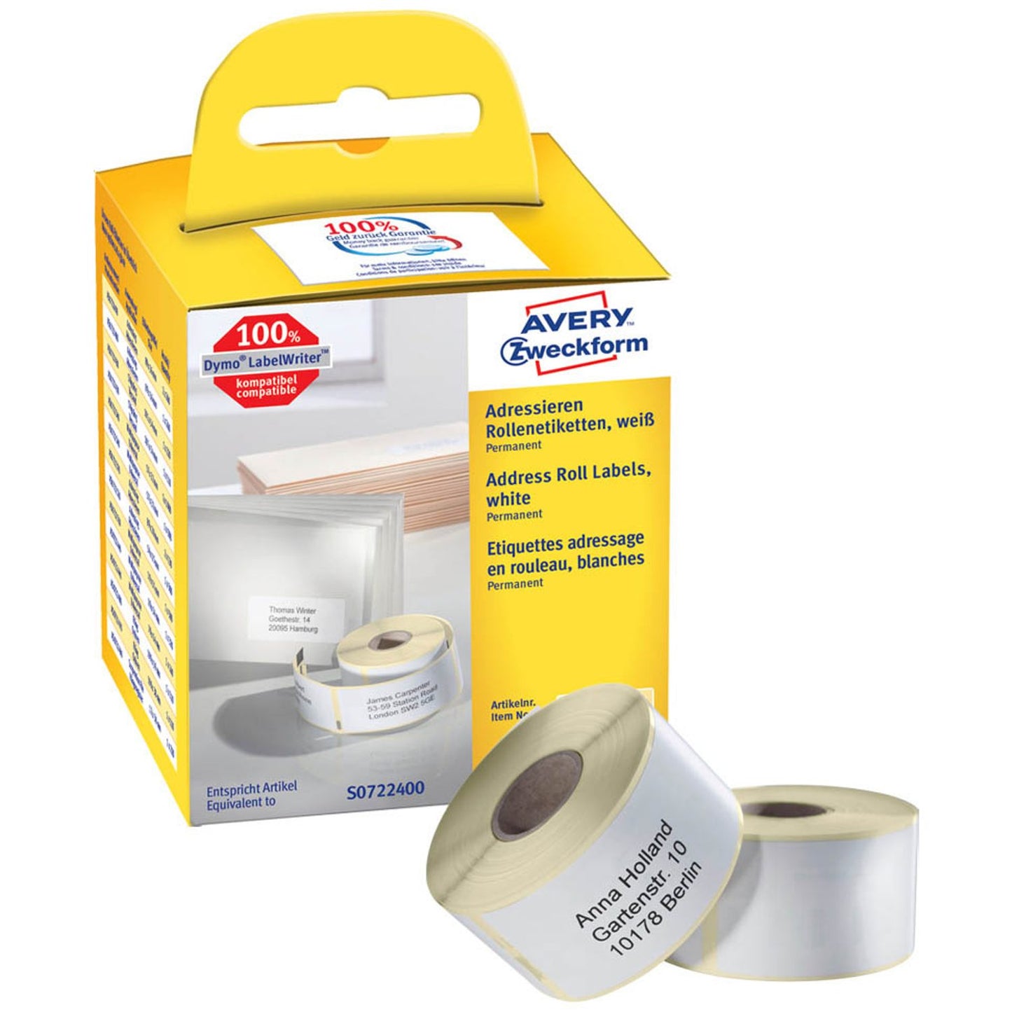 AVERY Zweckform Etikettenrollen für Etikettendrucker weiß, 89,0 x 36,0 mm, 2 x 260 Etiketten | AS0722400 | 1 Pack = 2x 260 Etiketten