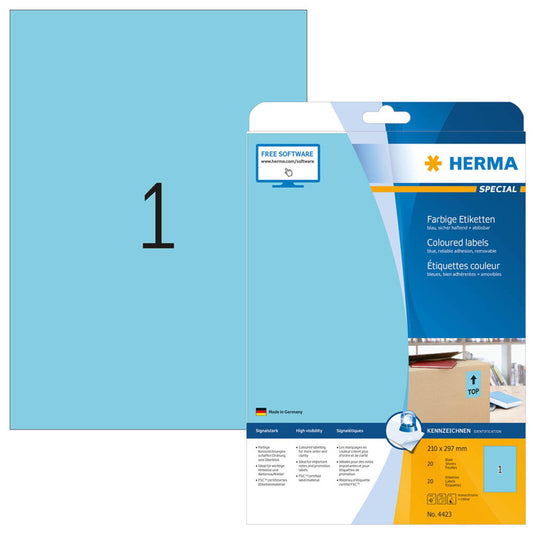 HERMA Etiketten blau 210,0 x 297,0 mm | 4423 | 1 Pack = 20 Blatt