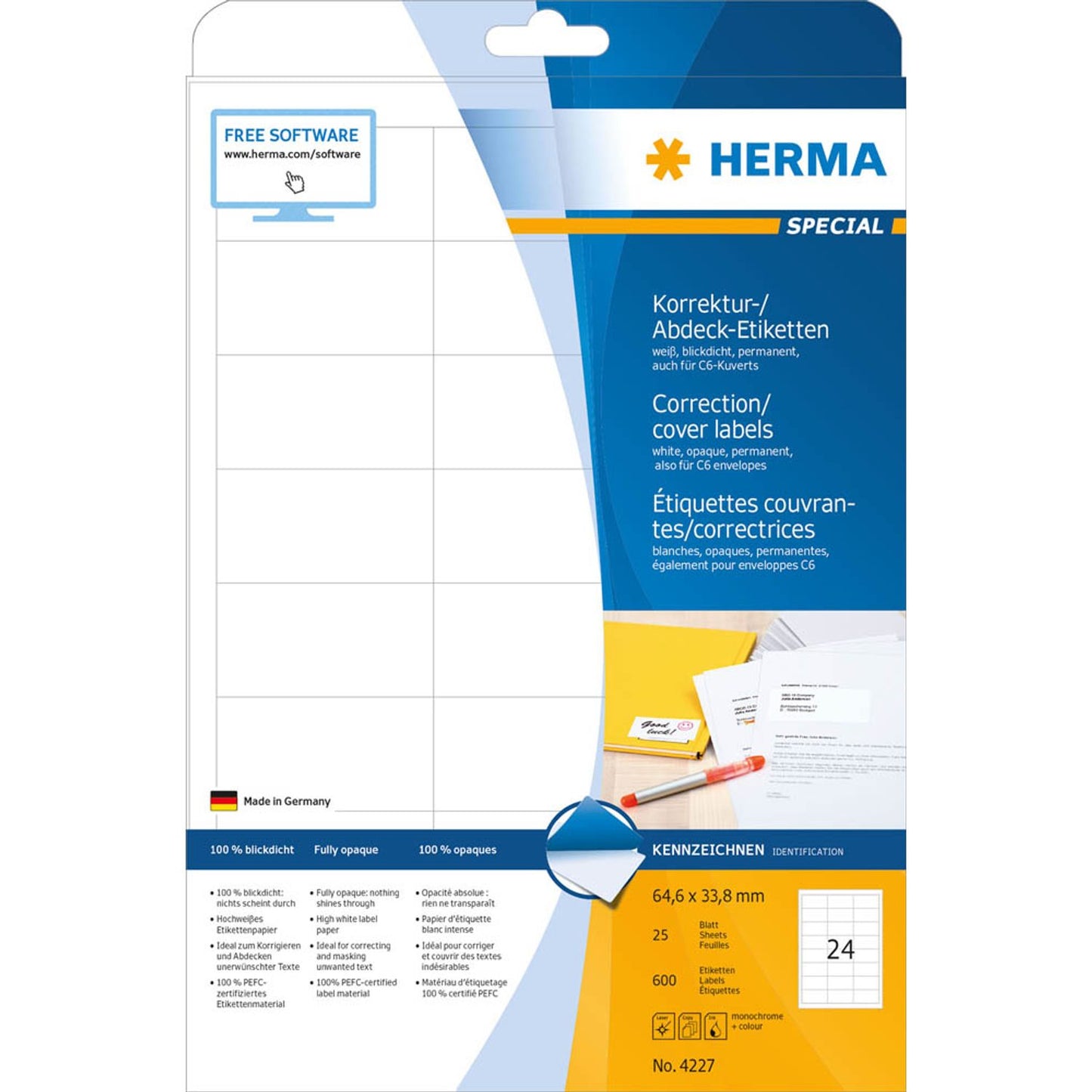 HERMA Etiketten weiß 64,6 x 33,8 mm | 4227 | 1 Pack = 25 Blatt