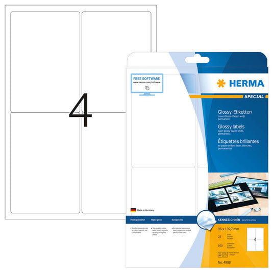 HERMA Etiketten weiß 96,0 x 139,7 mm | 4908 | 1 Pack = 25 Blatt