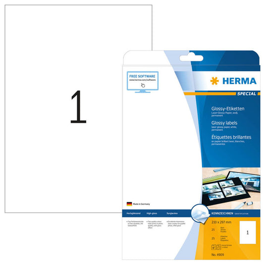 HERMA Etiketten weiß 210,0 x 297,0 mm | 4909 | 1 Pack = 25 Blatt