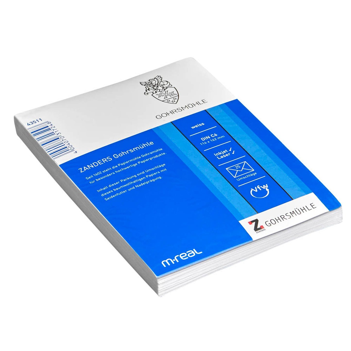 GOHRSMÜHLE Briefumschläge DIN C6 ohne Fenster weiß nassklebend | 90023421 | 1 Pack = 25 St.