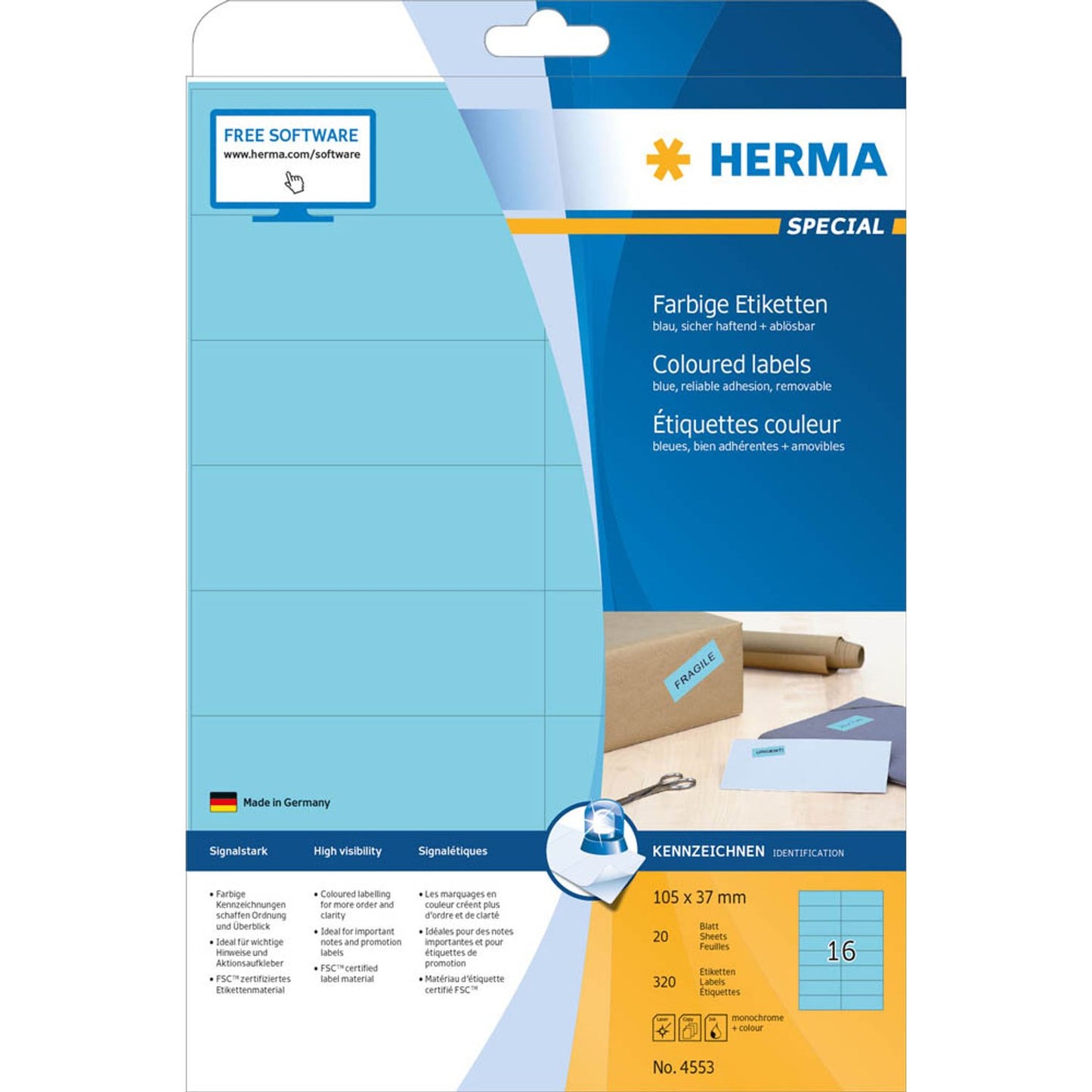HERMA Etiketten blau 105,0 x 37,0 mm | 4553 | 1 Pack = 20 Blatt