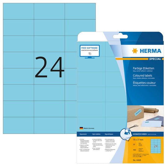HERMA Etiketten blau 70,0 x 37,0 mm | 4468 | 1 Pack = 20 Blatt