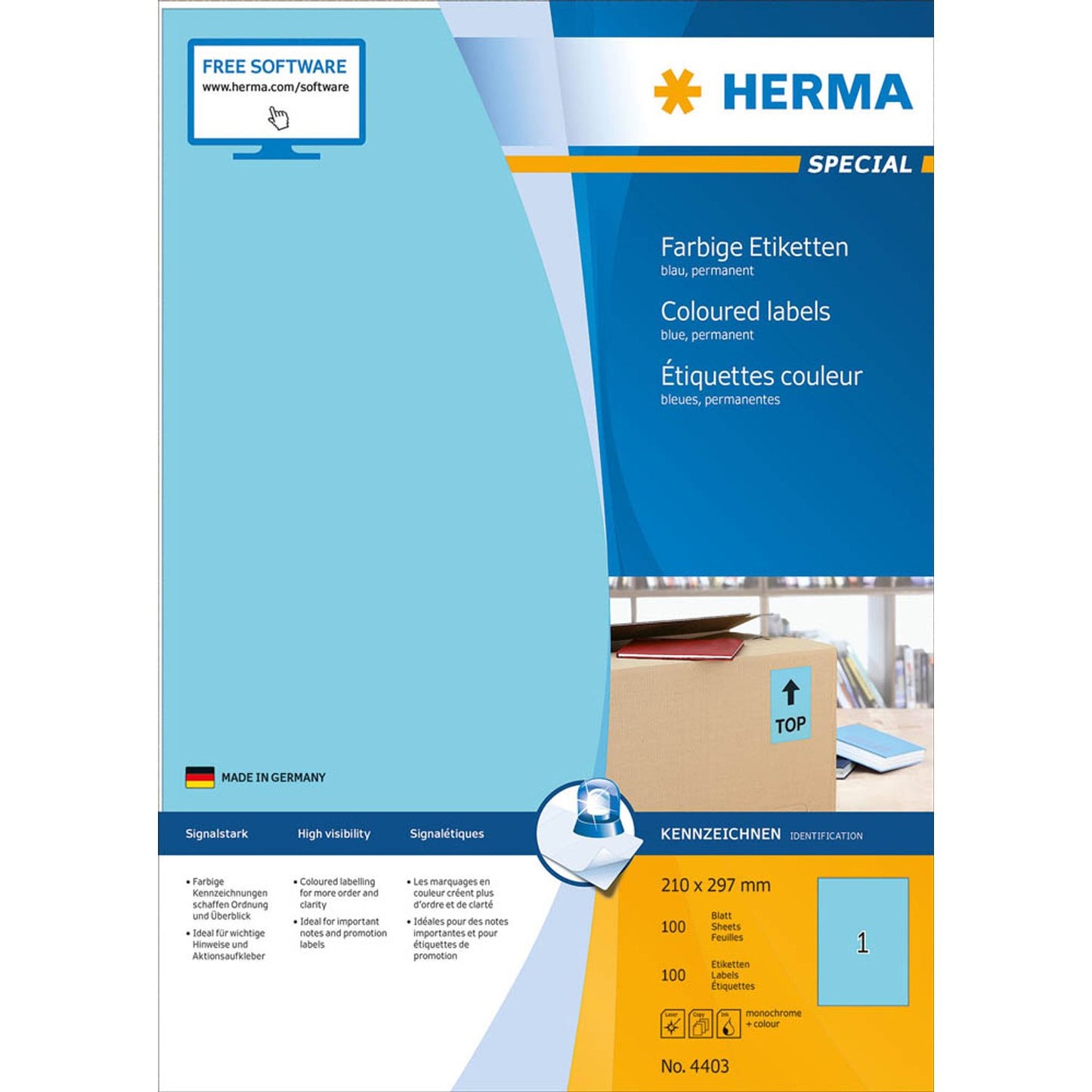 HERMA Etiketten blau 210,0 x 297,0 mm | 4403 | 1 Pack = 100 Blatt