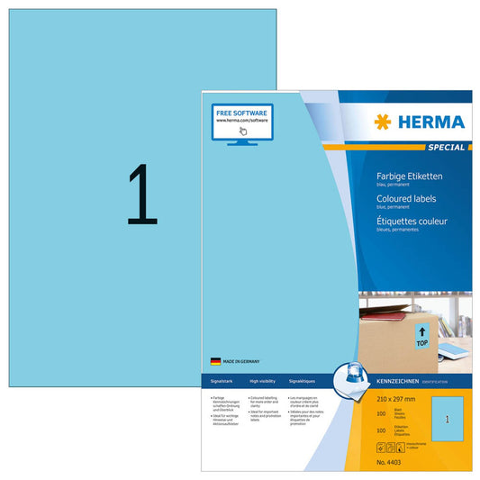 HERMA Etiketten blau 210,0 x 297,0 mm | 4403 | 1 Pack = 100 Blatt