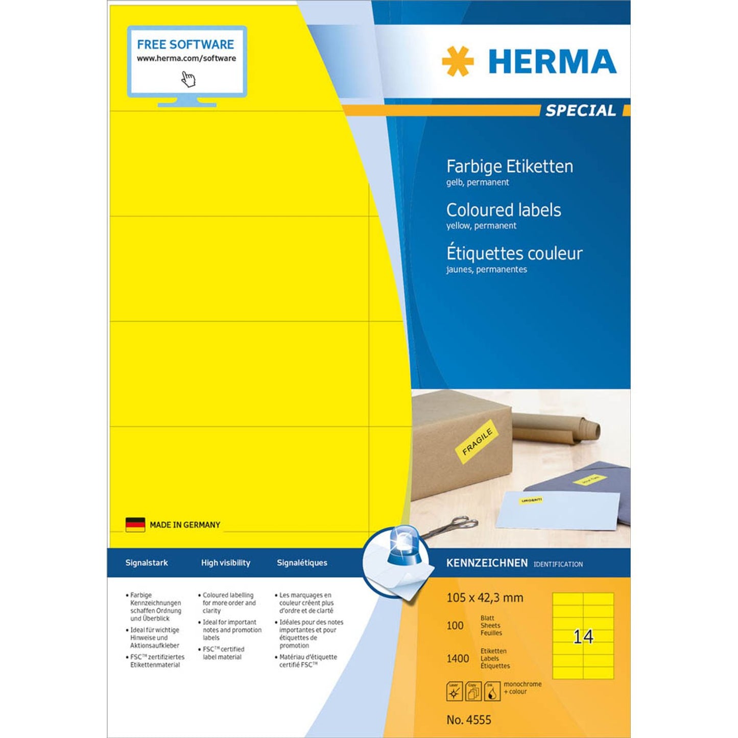 HERMA Etiketten gelb 105,0 x 42,3 mm | 4555 | 1 Pack = 100 Blatt
