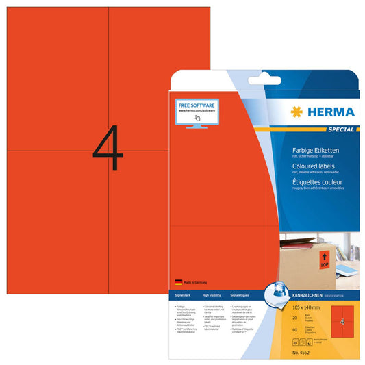 HERMA Etiketten rot 105,0 x 148,0 mm | 4562 | 1 Pack = 20 Blatt