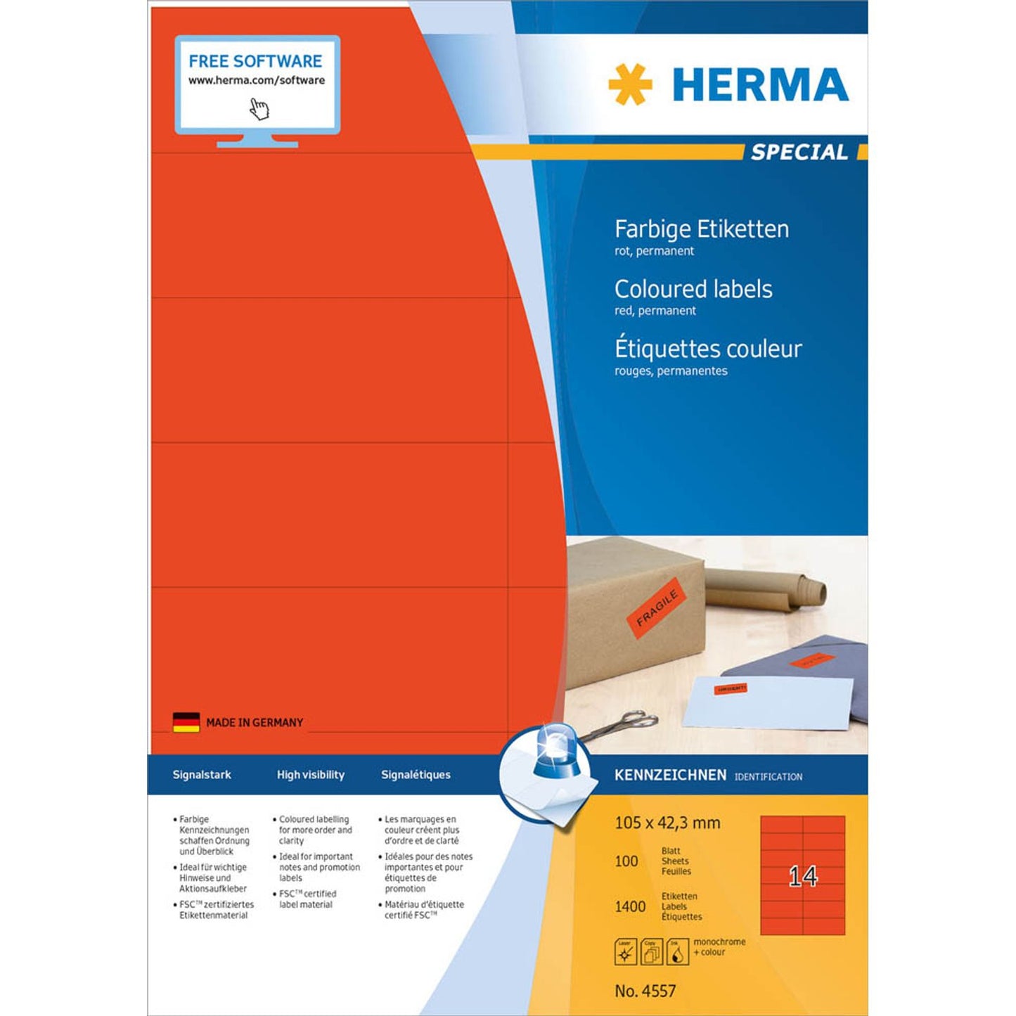 HERMA Etiketten rot 105,0 x 42,3 mm | 4557 | 1 Pack = 100 Blatt