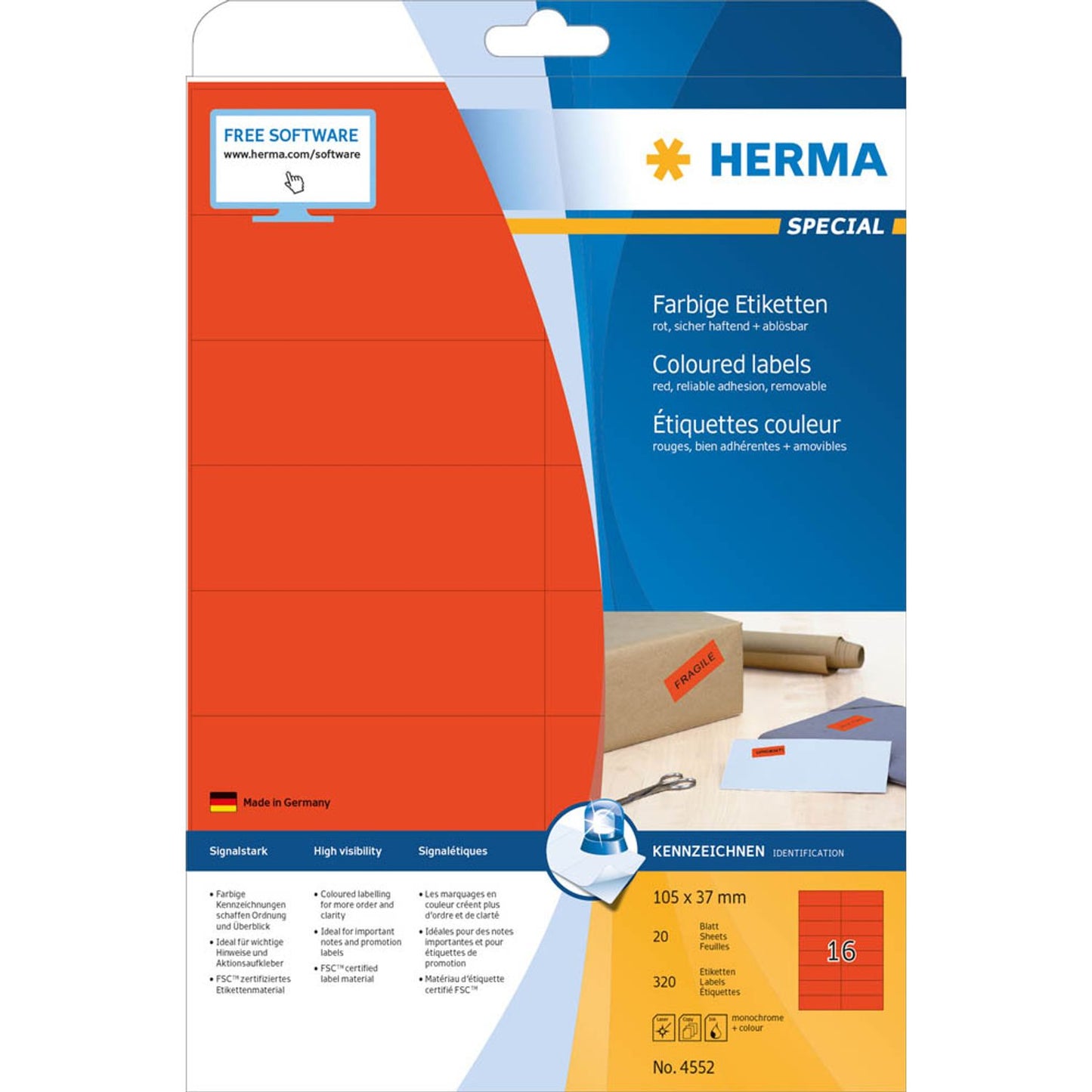 HERMA Etiketten rot 105,0 x 37,0 mm | 4552 | 1 Pack = 20 Blatt