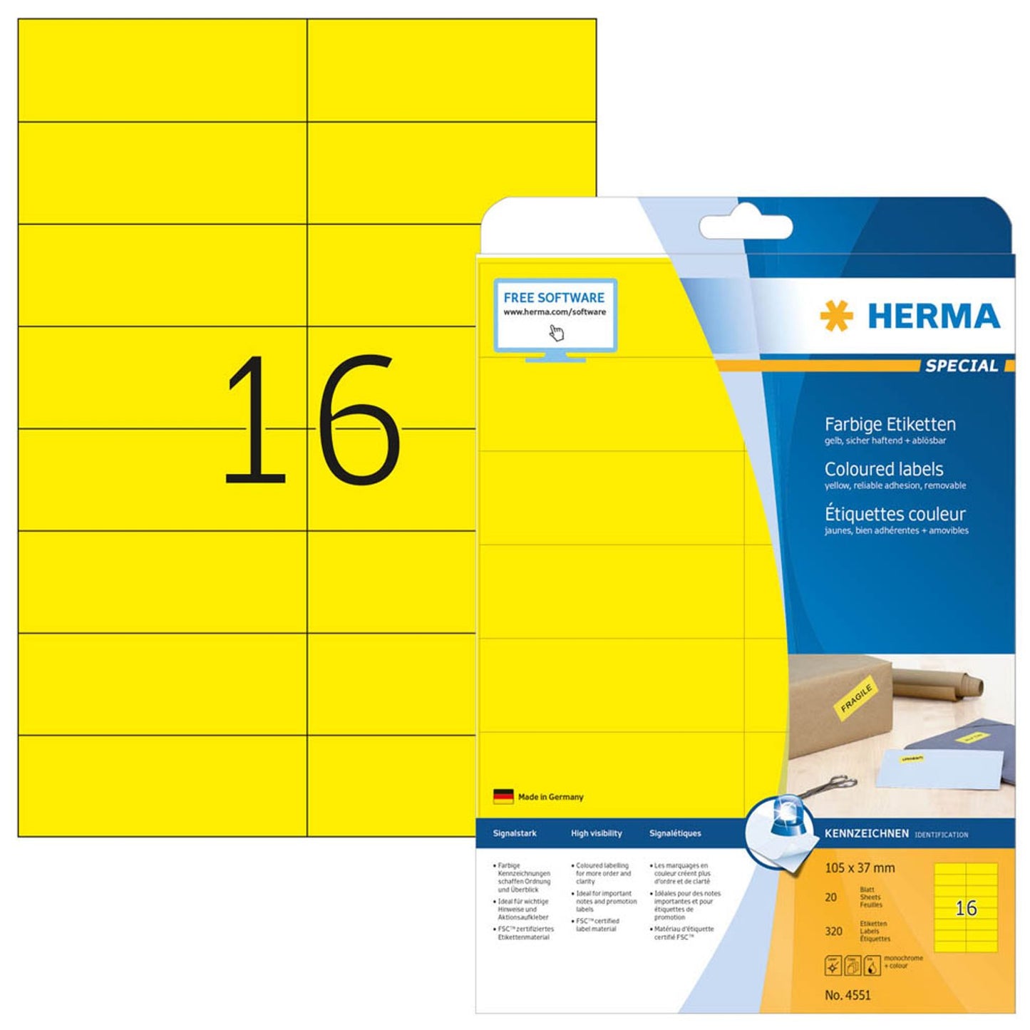 HERMA Etiketten gelb 105,0 x 37,0 mm | 4551 | 1 Pack = 20 Blatt
