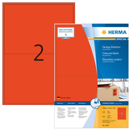 HERMA Etiketten rot 199,6 x 143,5 mm | 4567 | 1 Pack = 100 Blatt