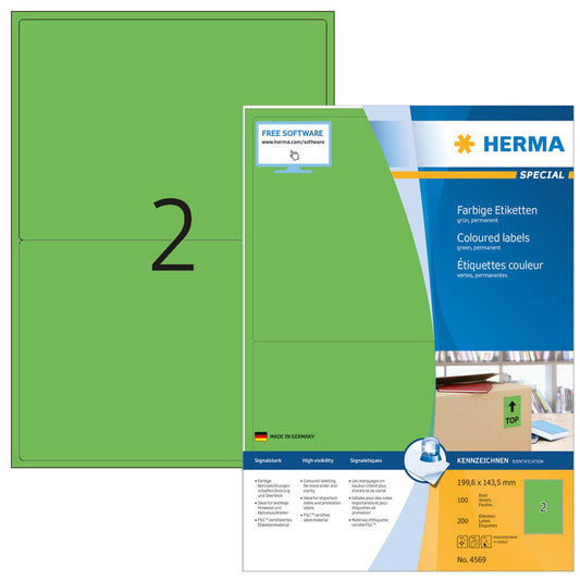 HERMA Etiketten grün 199,6 x 143,5 mm | 4569 | 1 Pack = 100 Blatt