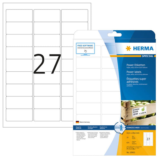 HERMA Etiketten weiß 63,5 x 29,6 mm | 10903 | 1 Pack = 25 Blatt