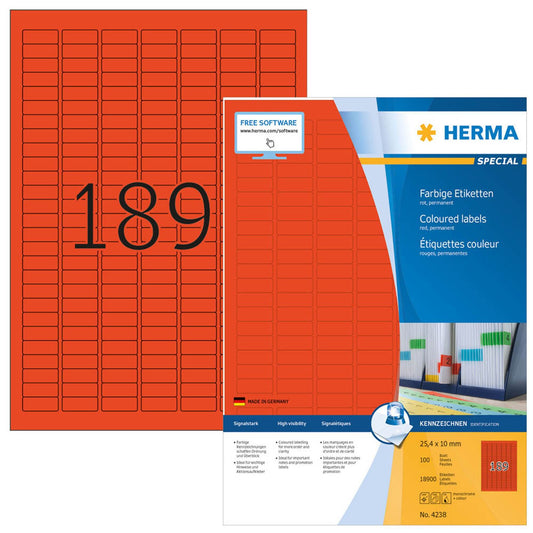 HERMA Etiketten rot 25,4 x 10,0 mm | 4238 | 1 Pack = 10 Blatt