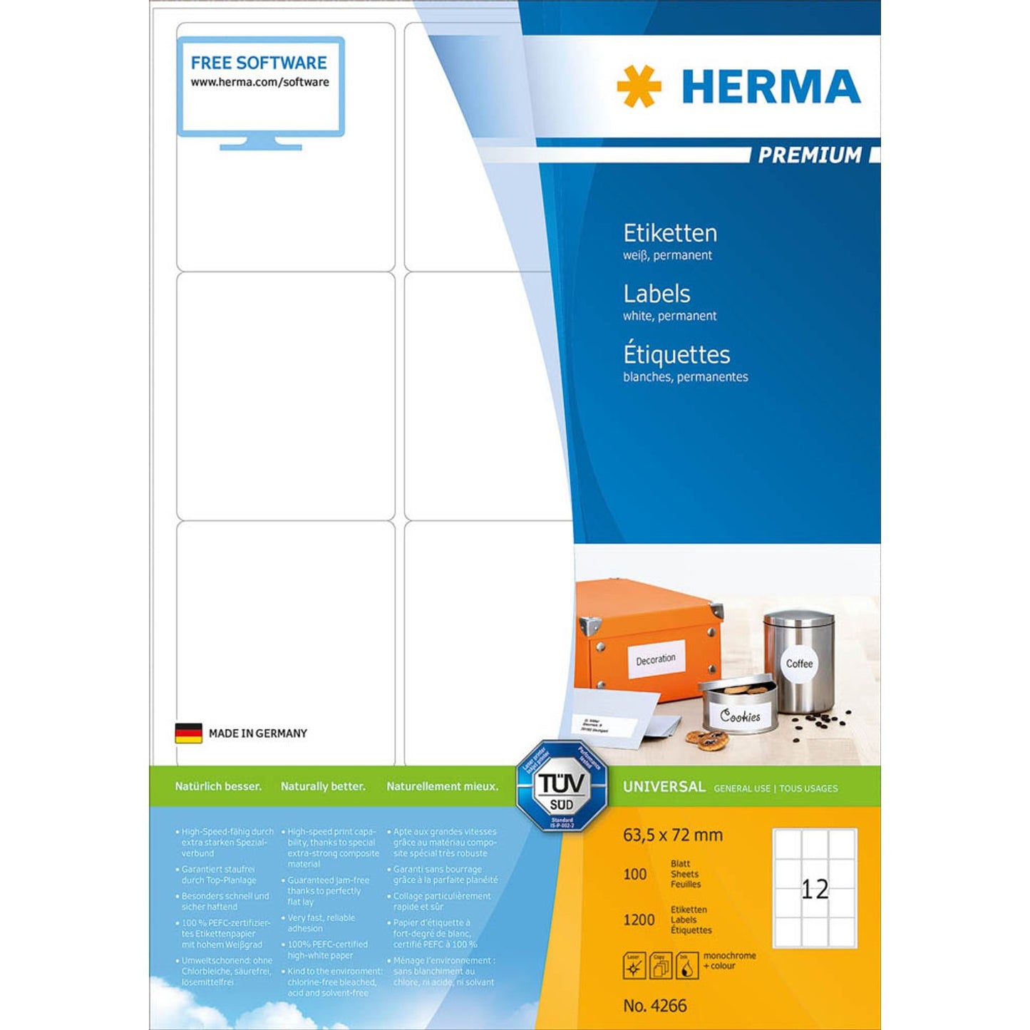 HERMA Etiketten weiß 63,5 x 72,0 mm | 4266 | 1 Pack = 100 Blatt
