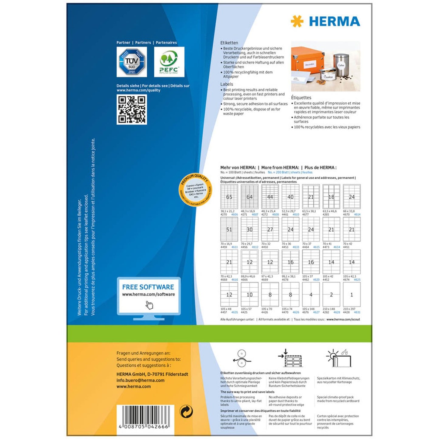 HERMA Etiketten weiß 63,5 x 72,0 mm | 4266 | 1 Pack = 100 Blatt