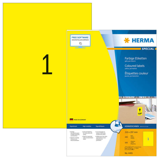 HERMA Etiketten gelb 210,0 x 297,0 mm | 4401 | 1 Pack = 100 Blatt