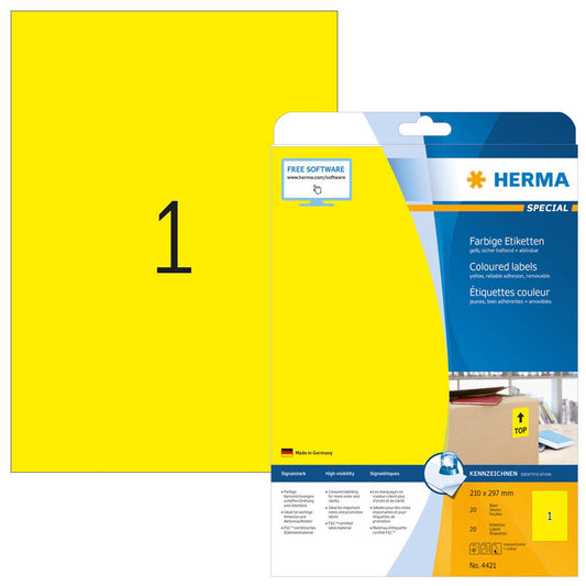 HERMA Etiketten gelb 210,0 x 297,0 mm | 4421 | 1 Pack = 20 Blatt